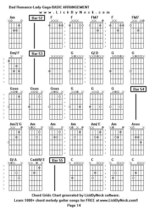 Chord Grids Chart of chord melody fingerstyle guitar song-Bad Romance-Lady Gaga-BASIC ARRANGEMENT,generated by LickByNeck software.